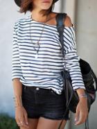 Romwe Blue White Stripe Scoop Neck T-shirt