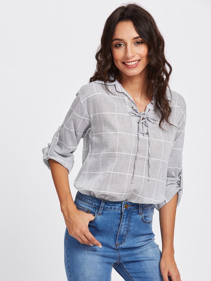Romwe Rolled Sleeve Checked Eyelet Lace Up Blouse