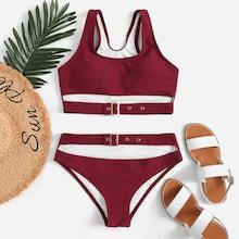 Romwe Scoop Neck Top With Cut-out Eyelet Buckle Bikini