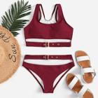 Romwe Scoop Neck Top With Cut-out Eyelet Buckle Bikini