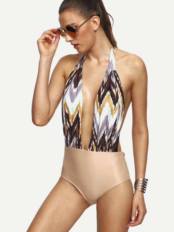 Romwe Multicolor Chevron Print Plunge Neck Backless Swimsuit