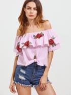 Romwe Flounce Layered Vertical Striped Appliques Knotted Top