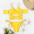 Romwe Neon Yellow Wrap Bardot Top With Tie Side Bikini