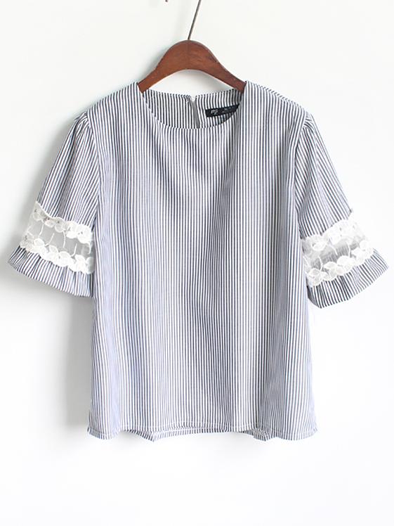 Romwe Embroidered Mesh Insert Vertical Striped Blouse