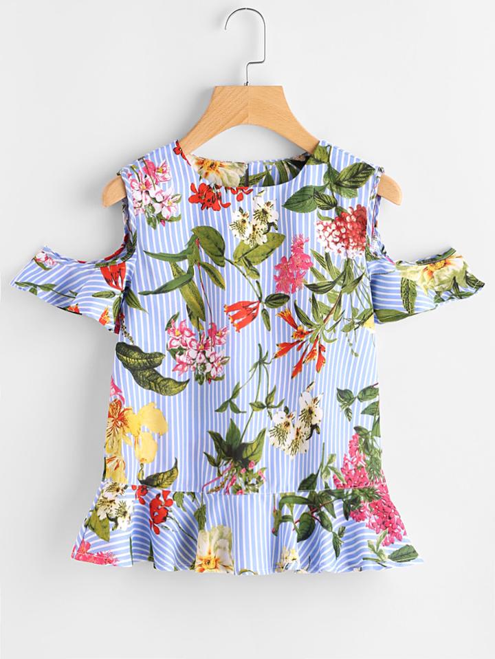 Romwe Open Shoulder Frill Hem Botanical Print Blouse