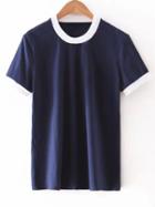 Romwe Navy Short Sleeve Knit Casual T-shirt
