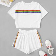 Romwe Rainbow Tape Panel Top With Shorts