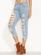 Romwe Blue Ripped Asymmetric Hem Jeans