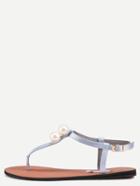 Romwe Grey Pearl Decorated Buckle Strap Flip Sandals