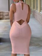 Romwe Pink Mock Neck Cut Out Pencil Dress