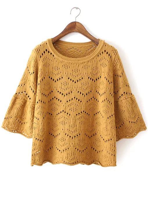 Romwe Bell Sleeve Hollow Khaki Sweater