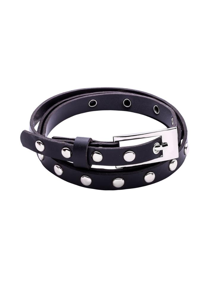Romwe Black Studded Buckled Faux Leather Skinny Belt