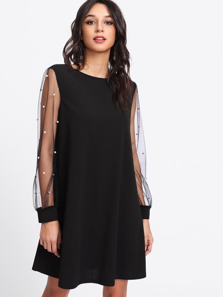 Romwe Pearl Beading Mesh Sleeve Dress