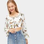 Romwe Chain Print Knot Neck Flounce Sleeve Crop Blouse