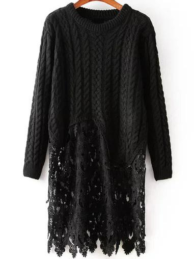 Romwe Contrast Lace Hollow Cable Knit Black Sweater