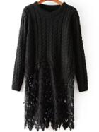 Romwe Contrast Lace Hollow Cable Knit Black Sweater