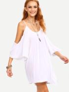 Romwe Lace Trimmed Cold Shoulder Loose-fit Dress - White