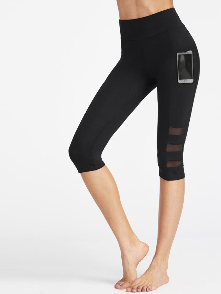 Romwe Wide Waistband Mesh Pocket Side Ladder Cut Crop Leggings