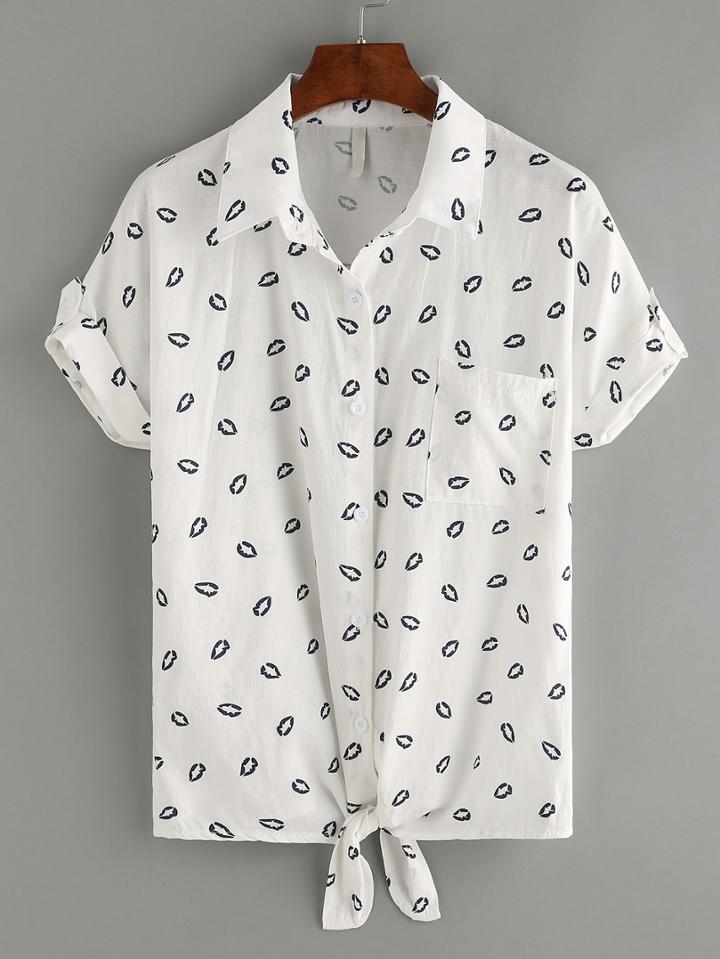 Romwe Tie-front Lip Print Blouse - White