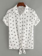 Romwe Tie-front Lip Print Blouse - White
