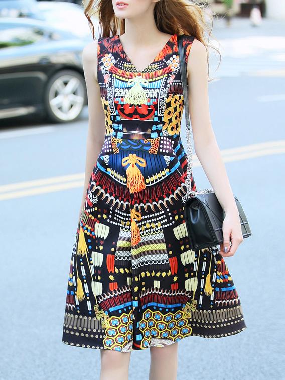 Romwe Multicolor V Neck Tribal Print A-line Dress