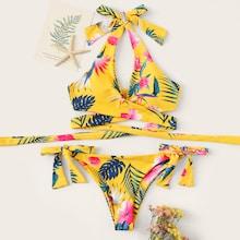 Romwe Tropical Criss Cross Halter Top With Tie Side Bikini