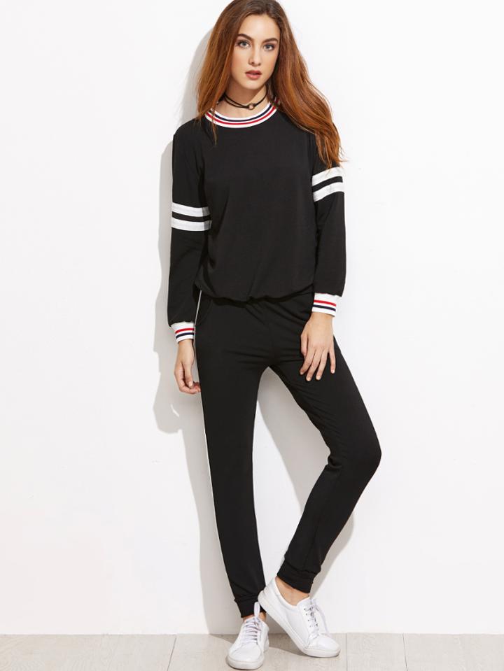 Romwe Black Striped Trim Sweatshirt With Elastic Waist Pants