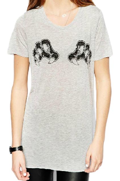 Romwe Romwe Bear Claw Print Long Grey T-shirt