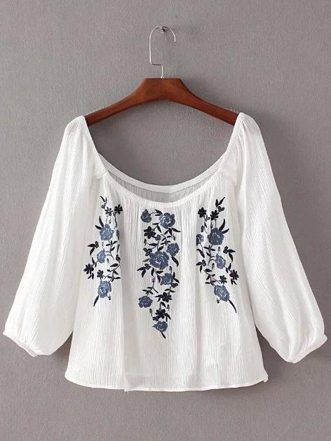 Romwe White Lantern Sleeve Flowers Embroidery Blouse