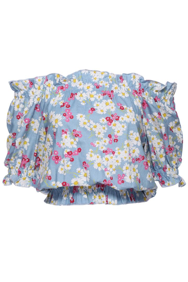 Romwe Romwe Red Flower Print Elastic Short-sleeved Blue Blouse