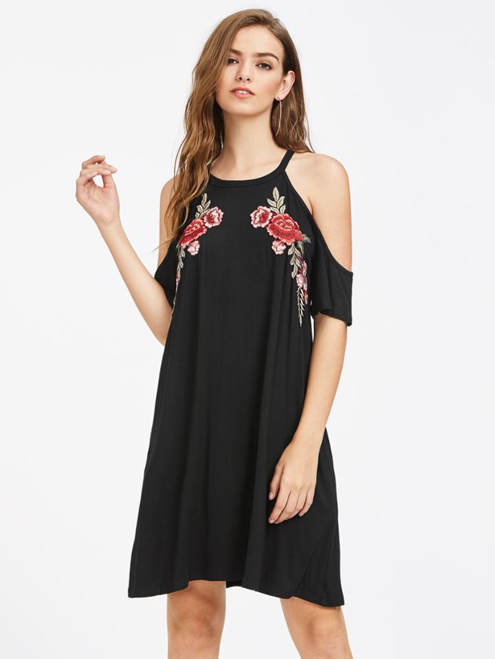 Romwe Symmetric Embroidery Patch Open Shoulder Swing Dress