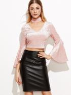 Romwe Trumpet Sleeve Crop Velvet Top With Choker