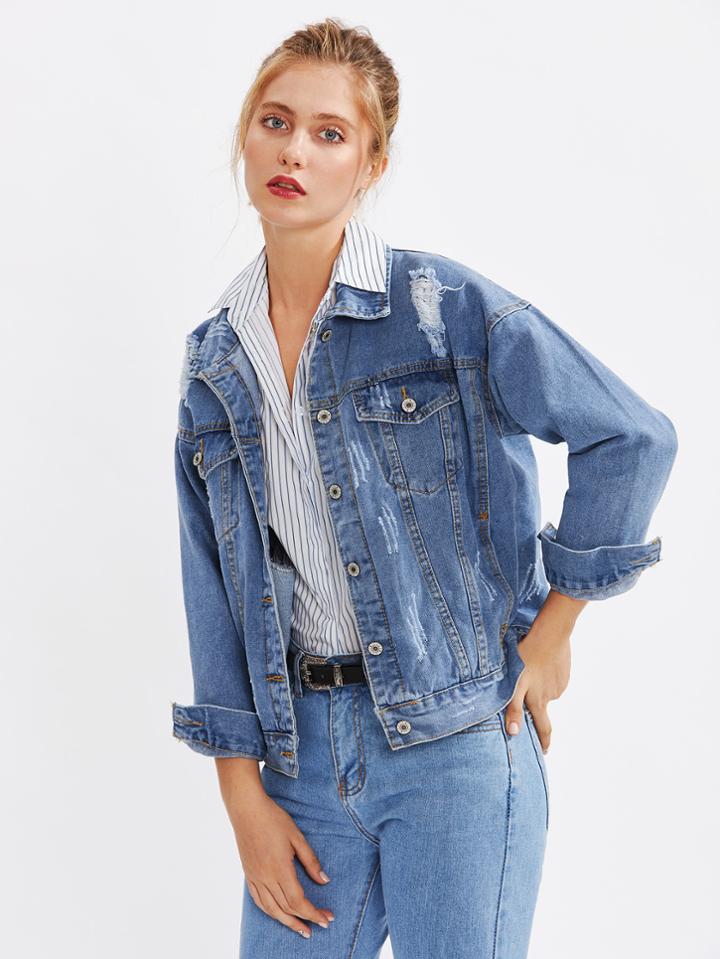 Romwe Drop Shoulder Destructed Denim Jacket