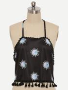 Romwe Black Sun Print Tassel Trim Halter Neck Top