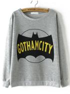 Romwe Gothamcity Print Loose Grey Sweatshirt