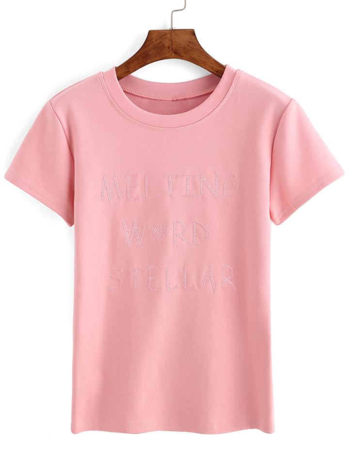 Romwe Letter Embroidered Pink T-shirt