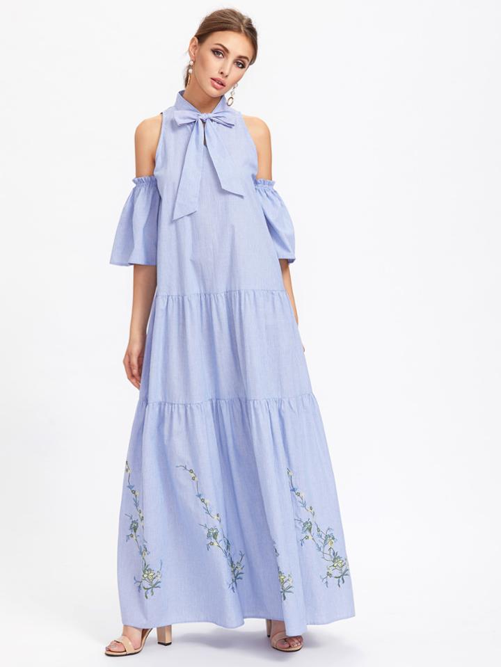 Romwe Bow Front Open Shoulder Bell Sleeve Tiered Dress