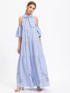 Romwe Bow Front Open Shoulder Bell Sleeve Tiered Dress