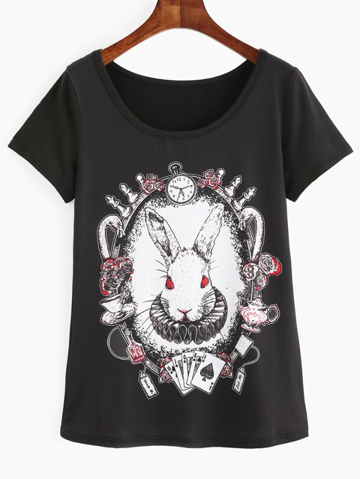 Romwe Black Round Neck Rabbit Print T-shirt