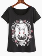 Romwe Black Round Neck Rabbit Print T-shirt