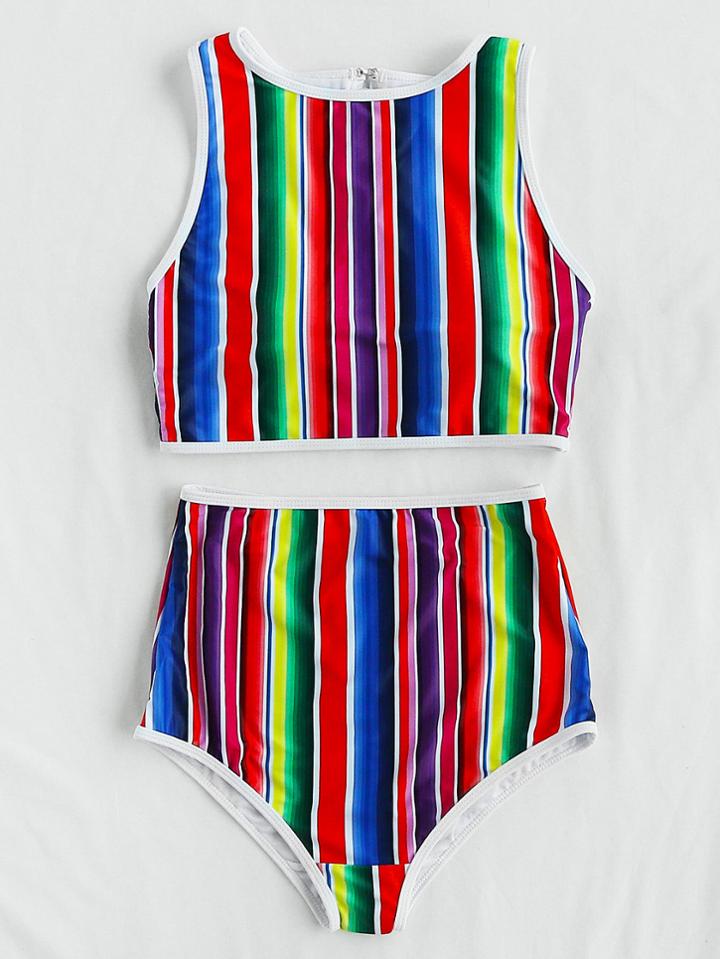 Romwe Roman Stripe Print Bikini Set