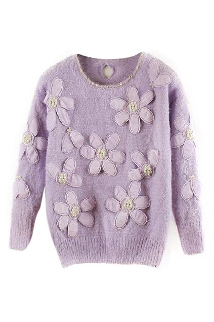 Romwe 3d Floral Appliqued Mohair Purple Jumper