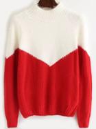 Romwe Mock Neck Mohair Color-block Sweater