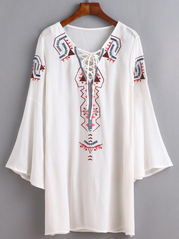 Romwe White Lace Up Embroidered Tunic Dress