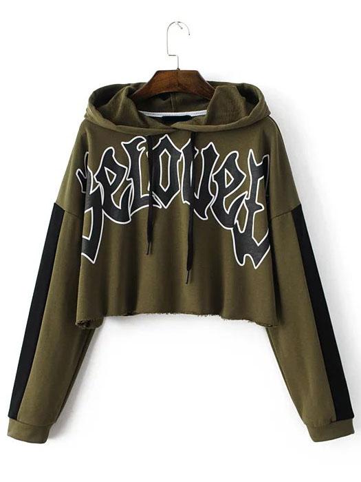 Romwe Army Green Letter Print Crop Hooded Sweatshirt