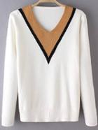 Romwe V Neck Chevron Print White Sweater