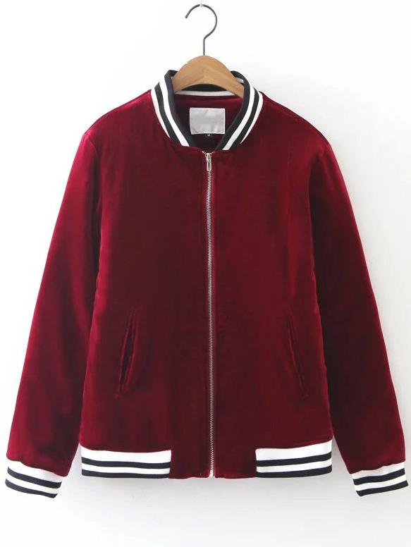 Romwe Burgundy Striped Trim Quilted Velvet Jacket