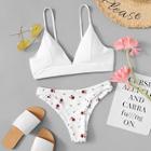 Romwe Lace Up Bake Top With Floral Pattern Bikini Set