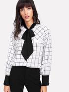 Romwe Contrast Tie Neck And Cuff Grid Blouse