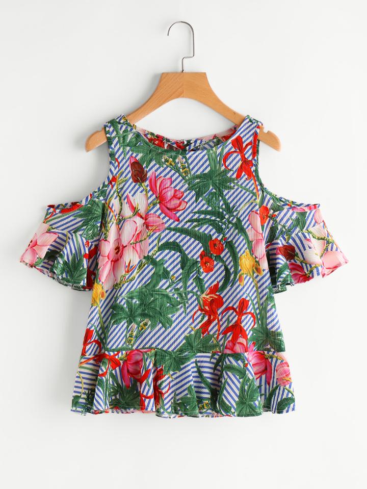Romwe Jungle Print Open Shoulder Tie Back Frill Trim Blouse